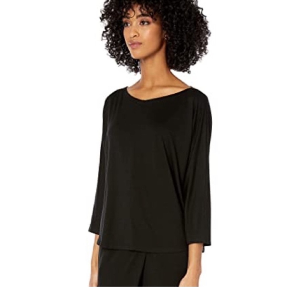 Eileen Fisher Organic Cotton Linen Slub Boatneck Top Black Size Large